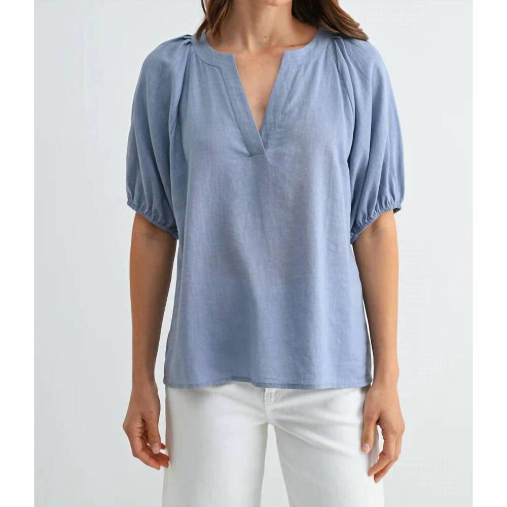 NEW FUN 2 FUN pleated raglan top in chambray